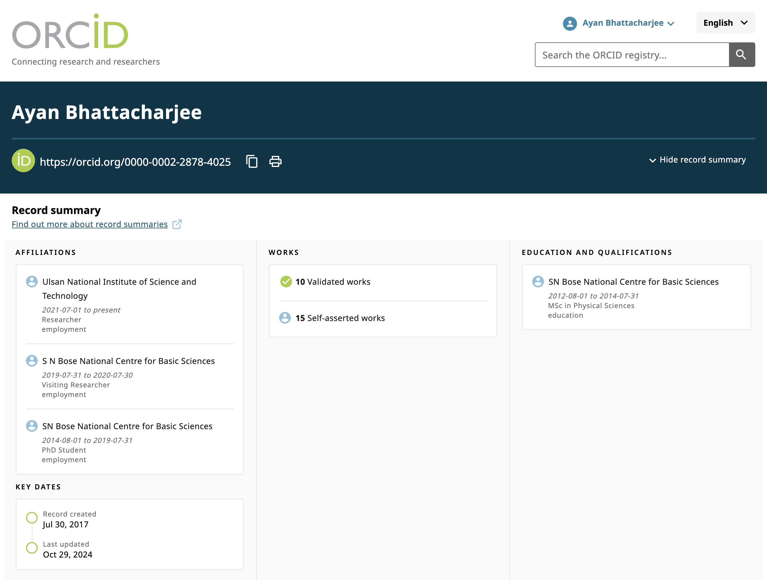 ORCID Summary\label{orcid}