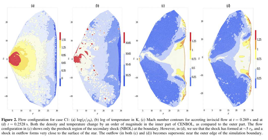 Hydrodynamic flow configuration around a neutron star showing shocked accretion structure.